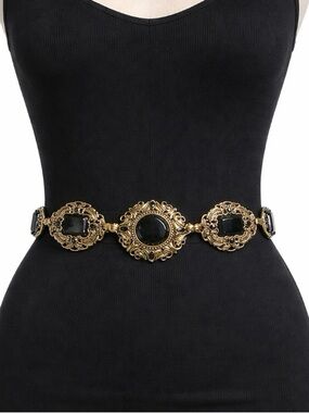 Chicos Vintage Gold Tone Medallion Belt Black Genuine Leather Statement Waist